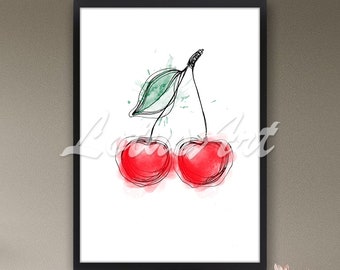 Cherries Watercolor Wall Art Print: Red Fruit Kitchen Decor, Botanical Painting, Food Art