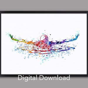 DIGITAL DOWNLOAD Girl Swimming Butterfly Wall Art Watercolor Print Water Sports Painting Colourful Home Decor Girls Room Decor Swimmer Gifts