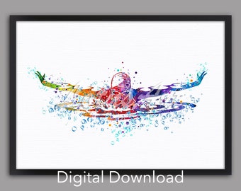 May include: A colorful watercolor painting of a swimmer in the water. The swimmer is in a freestyle stroke, with their arms outstretched and their head turned to the side. The water is depicted with blue and green watercolor washes, and there are white bubbles around the swimmer.