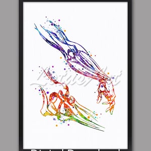 May include: A watercolor painting of two human arms, one arm is bent at the elbow and the other arm is straight. The arms are painted in a rainbow of colors, with the bones and muscles visible. The background is white with colorful dots.