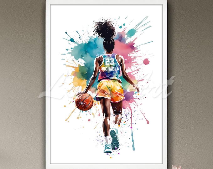 Décoration murale fille joueur de basket-ball personnalisée avec nom et numéro, femme, impression aquarelle, affiche de sport, cadeaux