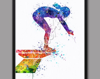Op de afbeelding: Een aquarel van een duiker in een kleurrijk silhouet, klaar om van een duikplank te springen. De schildering is gemaakt in een splatter-stijl, met kleurspatten die een dynamische en energieke sfeer creëren.
