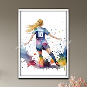 Girl Soccer Poster, Female Football Player Wall Art Watercolor Sport Print, Kids Room Decor, Soccer Player Personalised Gift