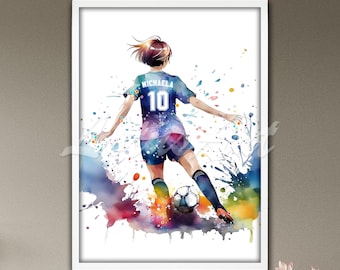 Poster personnalisé de football pour filles : nom et numéro personnalisés, décoration d'athlète adolescente
