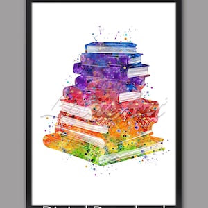 Stack of Books Art Watercolor Print Girls Room Wall Art Poster Decor Reading Kids Gifts Home Library Decor DIGITAL DOWNLOAD