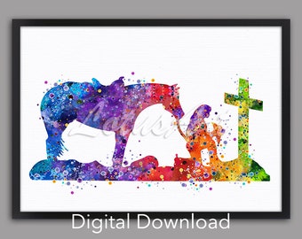 DIGITAL DOWNLOAD Praying Cowgirl Watercolor Wall Art Sports Nursery Art Sports Poster Cowboy Home Decor Cowgirl with Horse Birthday Gift