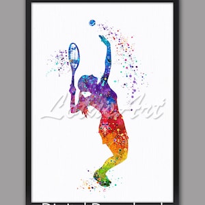 Download digital menina tenista jogador esportes arte da parede aquarela impressão esportes cartaz berçário arte da parede quarto das meninas crianças decoração treinador presente