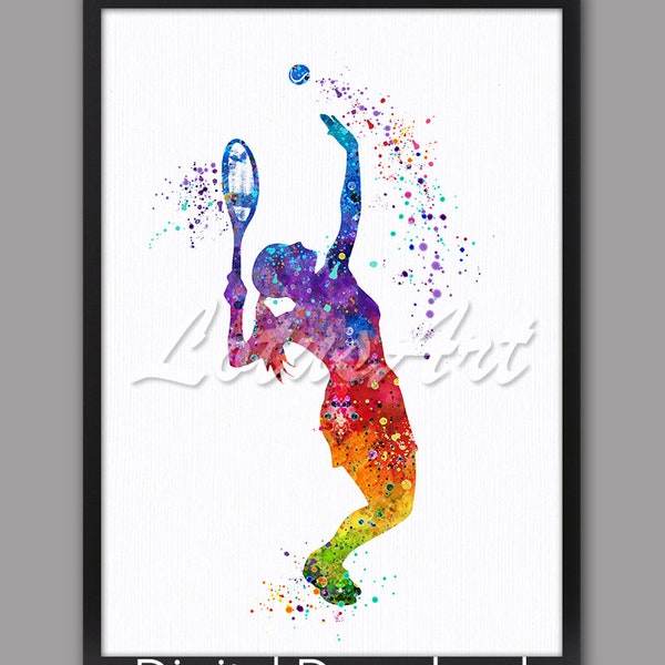 DIGITAL DOWNLOAD Girl Tennis Player Sports Wall Art Watercolor Print Sports Poster Nursery Wall Art Girls Room Kids Room Decor Coach Gift