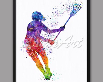 May include: A watercolor painting of a lacrosse player in a rainbow of colors. The player is in mid-air, holding a lacrosse stick with a net. The background is white with a few scattered dots of color.