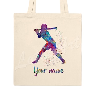 Baseball Softball Batter Girl Einkaufstasche Aquarell Kunstdruck personalisierte Sport Geschenk