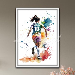 Soccer Player Wall Art Watercolor Print Personalized Female Football Sports Poster Girl Room Decor