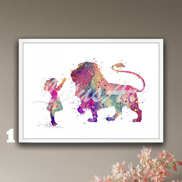 Girl and Lion Watercolor Print: African Animals Kids Room Decor