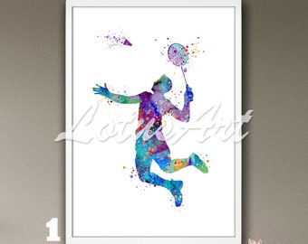 Boy Badminton Player Watercolor Wall Art Framed Print Nursery Art Mens Sports Poster Kids Room Decor Painting Personalised Custom Gifts