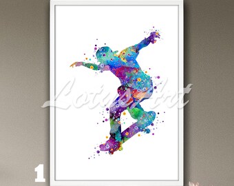 May include: A watercolor painting of a person skateboarding. The person is in mid-air, with their legs bent and their arms outstretched. The skateboard is beneath them, and the painting is filled with colorful splashes of paint.
