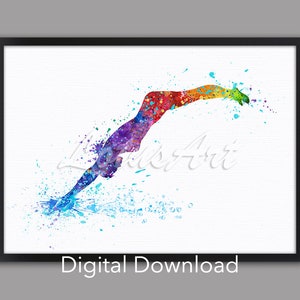 DIGITAL DOWNLOAD Girl Swimming Art Water Sports Painting Watercolor Print Sports Poster Colorful Home Decor Girl's Room Decor Swimmer Gift
