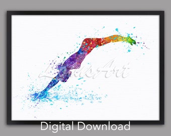 May include: A watercolor painting of a person diving into a pool of water. The person is depicted in a rainbow of colors, with splashes of blue paint representing the water.