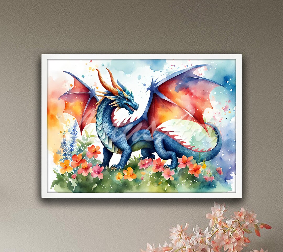 Dragon Art Watercolor Painting Print: Mythical Beast Wall Decor ...