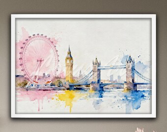 London Skyline Pastel Watercolor Art Print: UK Cityscape Wall Art, Soft Modern Decor