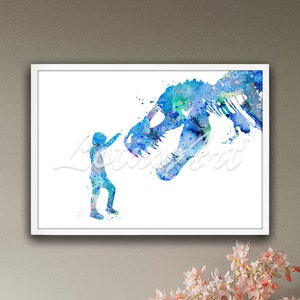 Boy and Dinosaur T-Rex Art Poster Tyrannosaurus Rex Watercolor Print Nursery Decor Animal Painting Personalised Kids Room Gifts
