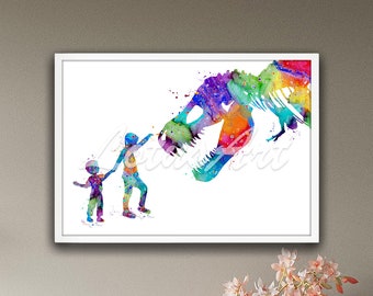 Boys and Dinosaur T-Rex Framed Wall Art Watercolor Print Kids Room Decor Tyrannosaurus Rex Personalised Gifts Home Decor Teenager Poster