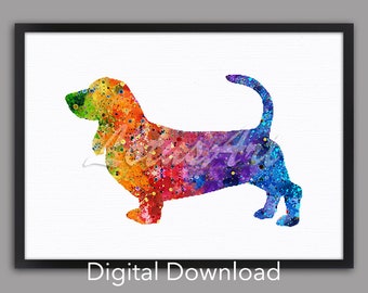 Impresión de acuarela de Basset Hound: Arte canino colorido, decoración infantil (descarga digital)