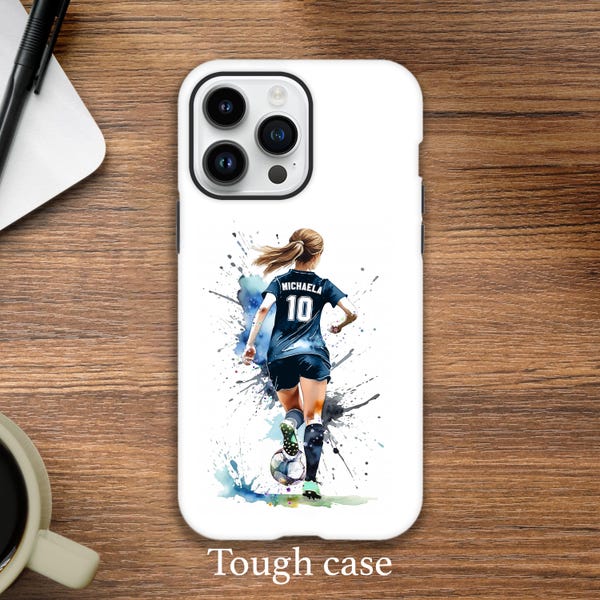 Personalisierte Mädchen Fußball Handyhülle: Aquarell Kunst, individueller Name & Nummer