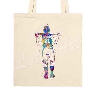 Personalisierte Mädchen Baseball Batter Spieler Einkaufstasche Softball Aquarell Kunstdruck