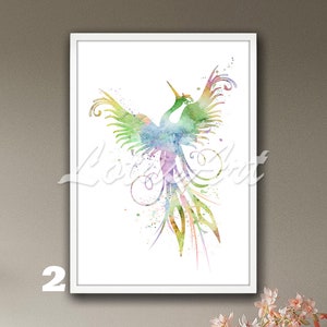 May include: A watercolor painting of a colorful phoenix bird with its wings spread wide. The bird is depicted in shades of green, blue, purple, and yellow, with splashes of white paint creating a dynamic effect.