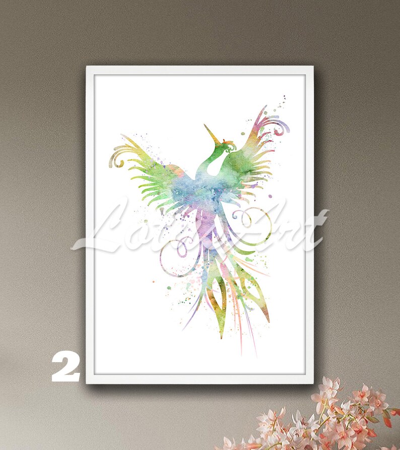 May include: A watercolor painting of a colorful phoenix bird with its wings spread wide. The bird is depicted in shades of green, blue, purple, and yellow, with splashes of white paint creating a dynamic effect.