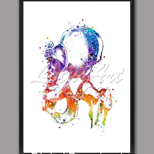 Op de afbeelding: Een aquarel schilderij van een menselijk heupbeen, met een kleurrijke, abstracte achtergrond. Het bot is afgebeeld in tinten oranje, geel en paars, met een witte omtrek. De achtergrond is een splatter van kleurrijke stippen.