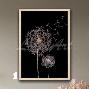 Dandelion Watercolor Art Print: Black Background Floral Poster