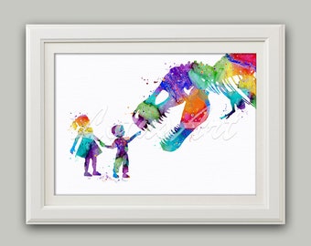 Boy and Dinosaur Watercolor Print Little Boy and T-rex Poster - Etsy