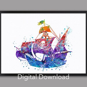 DIGITAL DOWNLOAD Pirate Ship Wall Art Watercolor Kids Room Decor Travel Art Illustration Painting Kids Gift Poster Nursery Nautical Art