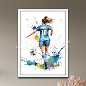 Girl Soccer Wall Art Print Football Player Poster Sport Girls Room Decor Female Soccer Personalized Gift Customize Soccer Watercolor Art
