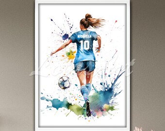 Personalized Girl Soccer Watercolor Art Print: Custom Sports Room Decor