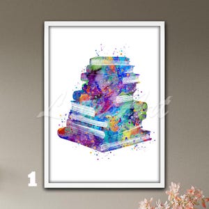 May include: A watercolor painting of a stack of books with a rainbow of colors. The books are arranged in a pyramid shape and are surrounded by splatters of paint.