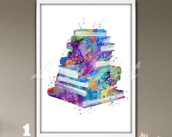 Watercolor Stack of Books Art Print: Personalized Nursery Decor