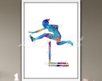 Watercolor Girl Hurdler Print: Track & Field Sports Poster