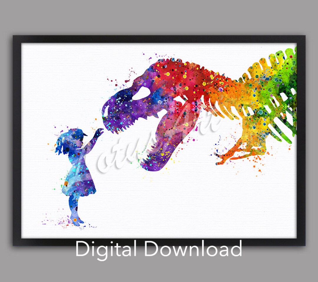 DIGITAL DOWNLOAD Girl and Dinosaur T-rex Painting Watercolor Print ...