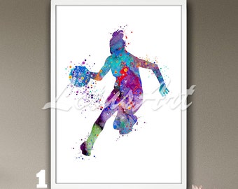 Girl Basketball Wall Art Watercolor Print Female Sports Poster Girls Room Decor Kids Basketball Painting Personalised Gifts