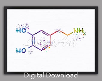 Dopamin Molekül Aquarell Druck: Wissenschaftliche Kunst, Chemiker Geschenk (Digitaler Download)