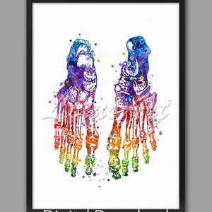 Op de afbeelding: Een aquarel schilderij van twee menselijke voeten met zichtbare botten. Het schilderij is gemaakt in een regenboog van kleuren met een witte achtergrond. De voeten zijn naast elkaar geplaatst met de tenen naar voren gericht. Het schilderij is omgeven door een zwarte lijst.