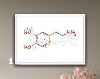 Dopamine Molecule Chemical Formula Framed Science Art Chemistry Poster Watercolor Print Chemist Gift Medical Practice Biology Genetic Decor