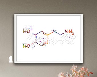 Dopamine Molecule Watercolor Print: Science Art, Chemistry Decor