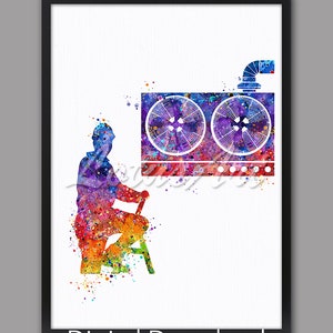 May include: A watercolor painting of a person sitting on a stool in front of a large air conditioning unit. The painting is done in a rainbow of colors.