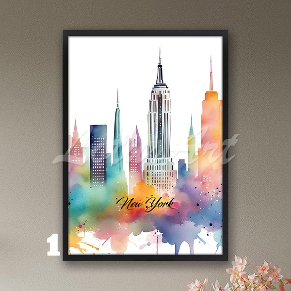 New York City Skyline Wall Art Watercolor Poster Travel Print Home Decor Personalised Gift Living Room Decor