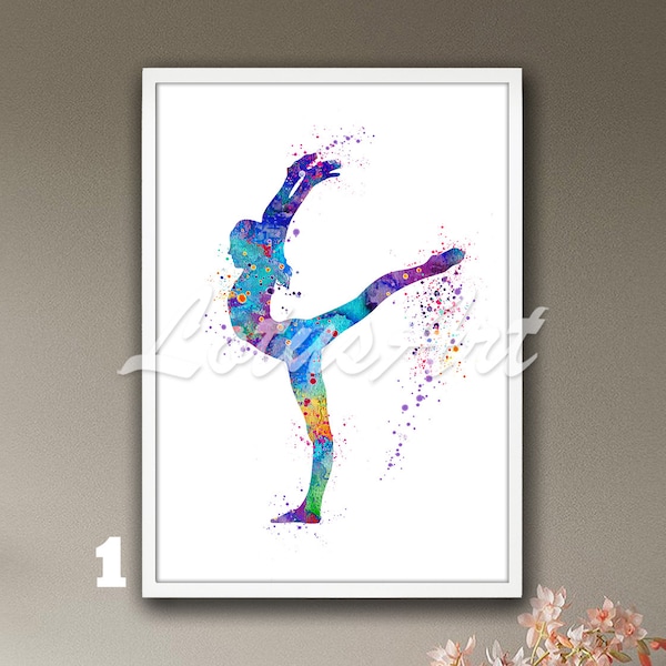 Aquarel kunstafdruk gymnastiek meisje: decor kinderkamer sport
