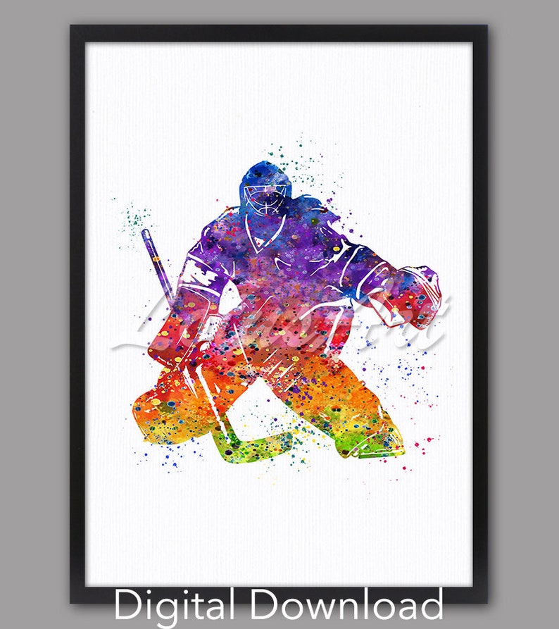 May include: A watercolour painting of a hockey goalie in action. The goalie is wearing a purple, blue and orange uniform with a white helmet. The goalie is in a diving position, catching the puck with their glove. The background is white with a few splatters of paint.