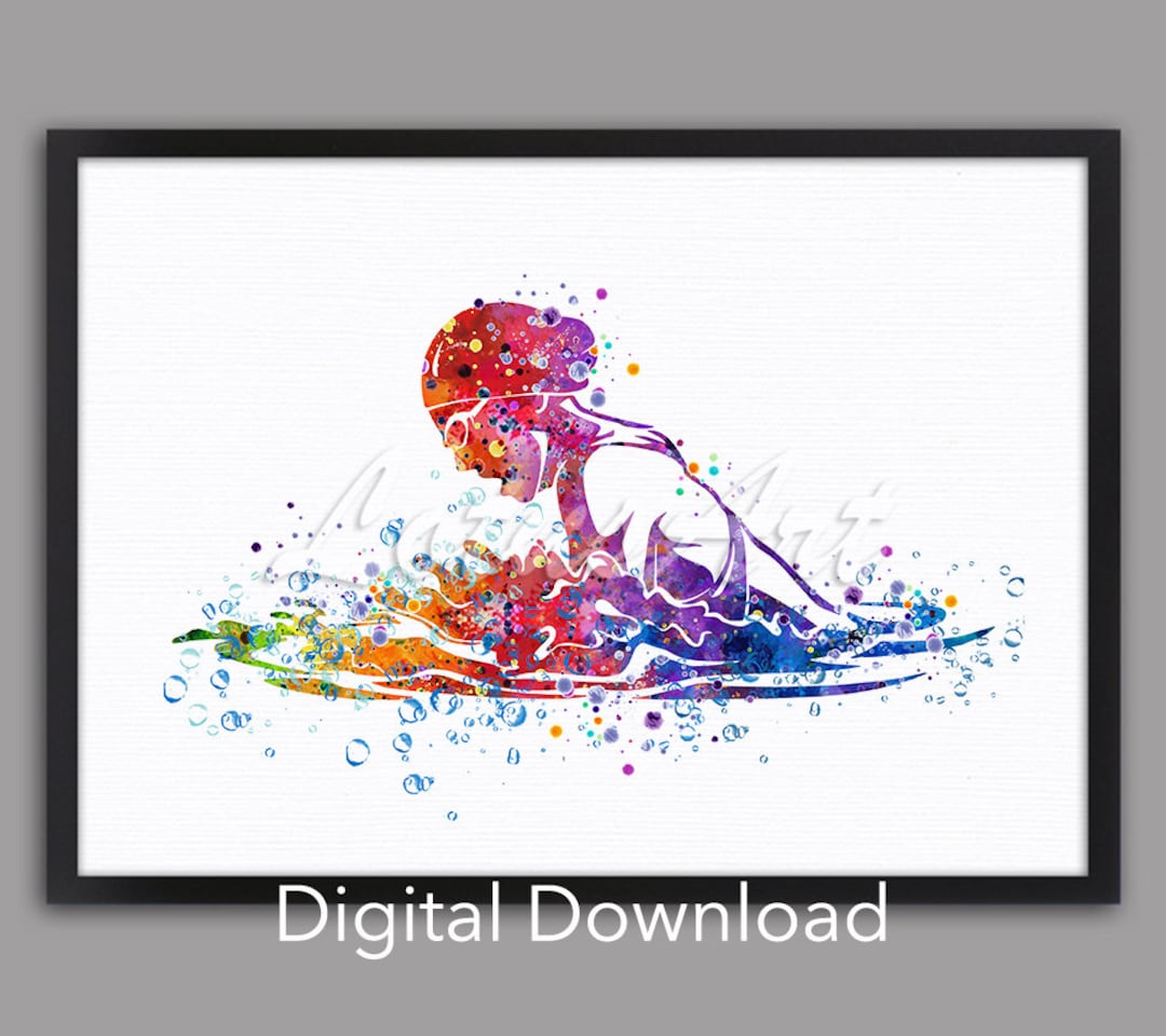 DIGITAL DOWNLOAD Girl Swimming Wall Art Watercolor Print Water Sports ...