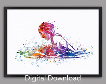 May include: Watercolor painting of a swimmer in a swimming cap, with splashes of water and bubbles around them. The painting is in shades of blue, green, purple, and red.
